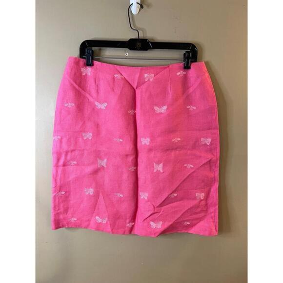 Talbots Pink Butterfly Embroidery Linen Skirt Womens Size Petite 14 - Picture 1 of 7